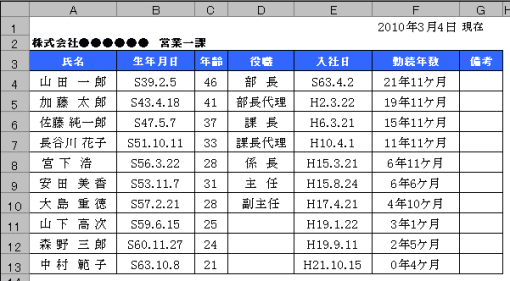 Excel エクセル 社員などの勤続年数と年齢一覧表の作り方 パソコン教室 カインド福祉ネット